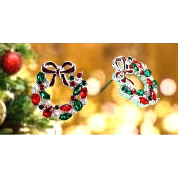 Christmas Wreath Earrings New Red Green Clear Crystals Posts Festive Bow… - Picture 7 of 12